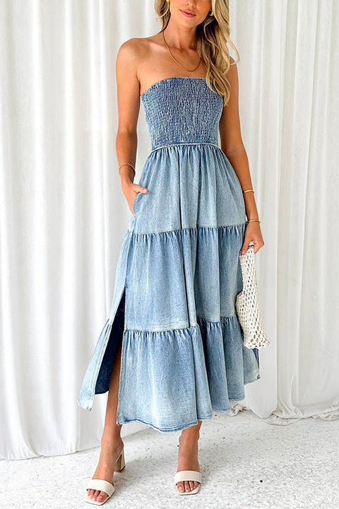 Heididress Strapless Tube Side Slit Ruffle Tiered Denim Dress