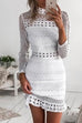 Heididress Mockneck Back Zipper Lace Splice Hollow Out Solid Dress