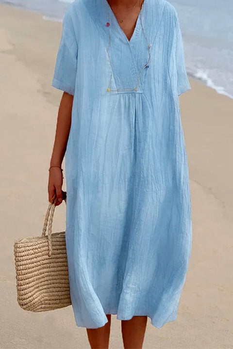 Heididress V Neck Short Sleeve Baggy Cotton Linen Midi Dress