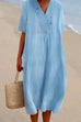 Heididress V Neck Short Sleeve Baggy Cotton Linen Midi Dress