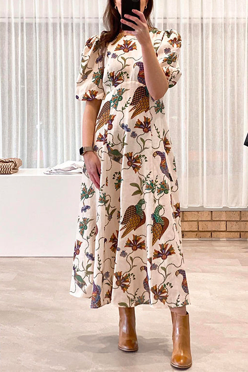 Heididress Puff Sleeves High Waist Unique Printed Maxi Swing Dress