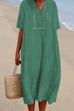 Heididress V Neck Short Sleeve Baggy Cotton Linen Midi Dress