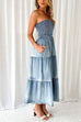 Heididress Strapless Tube Side Slit Ruffle Tiered Denim Dress