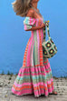 Heididress Boat Neck Short Sleeve Multi-colored Boho Print Maxi Swing Dress