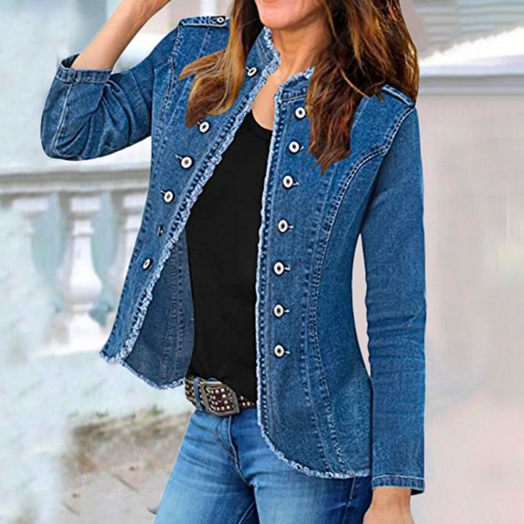 Heididress Stand Collar Double Breasted Raw Hem Denim Jacket