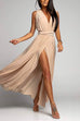 Heididress V Neck Sleeveless Back Criss Cross High Slit Maxi Party Dress