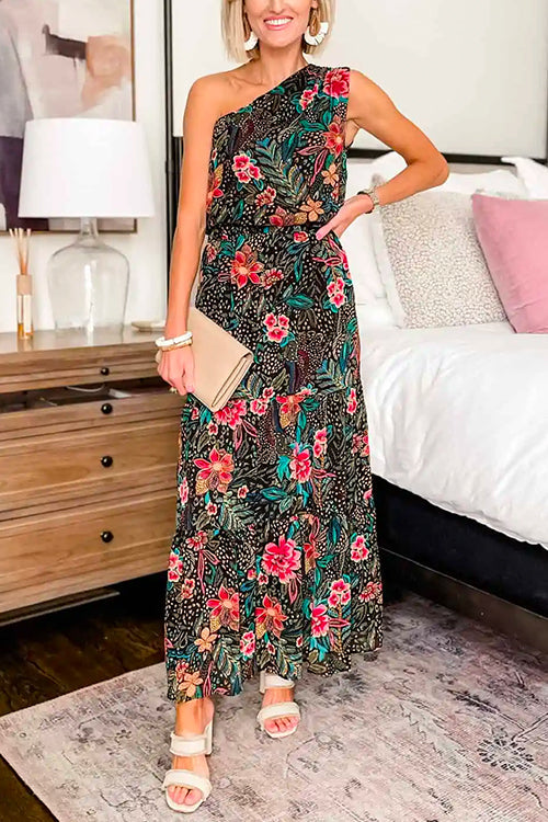 One Shoulder Waisted Floral Print Maxi Holiday Dress