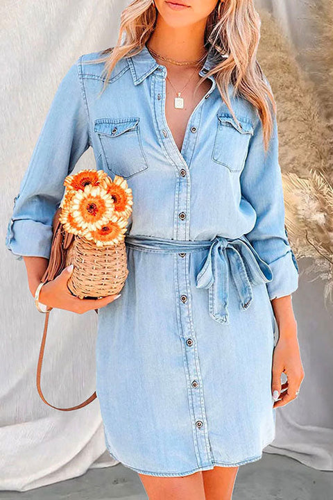 Heididress Rolled Up Long Sleeves Tie Waist Denim Shirt Dress