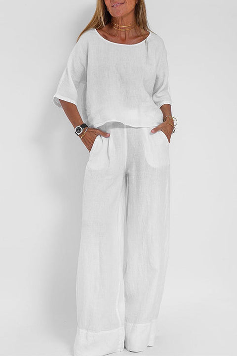 Heididress Round Neck 3/4 Sleeves Pullovers Wide Leg Pants Cotton Linen Set